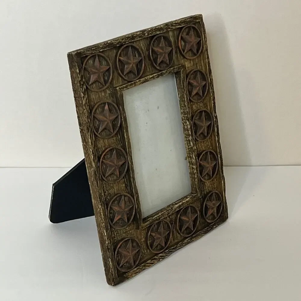 Western Rustic Star Photo Frame 4x6 Tabletop Brown Distressed Wood Look